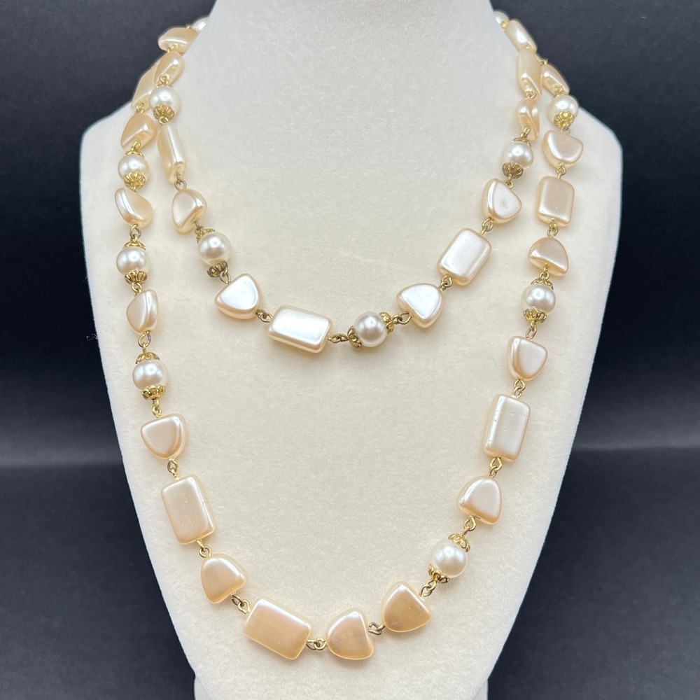 Vintage Necklace Gold Tone Cream Geometric Faux Pearl Long 36"